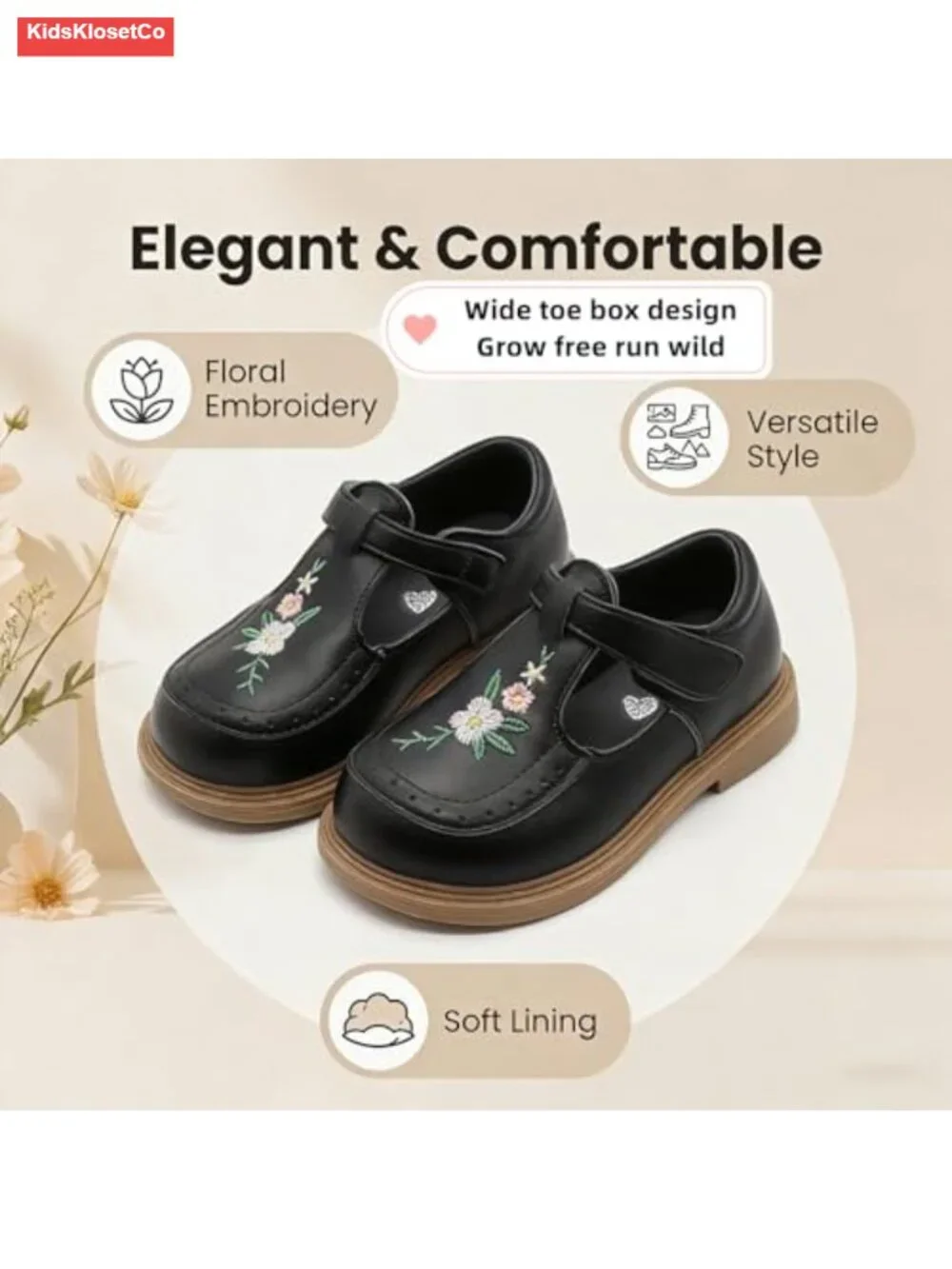 Girls Mary Jane Flats Dress Shoes T-Strap Embroidered Floral Non-Slip Cushioned